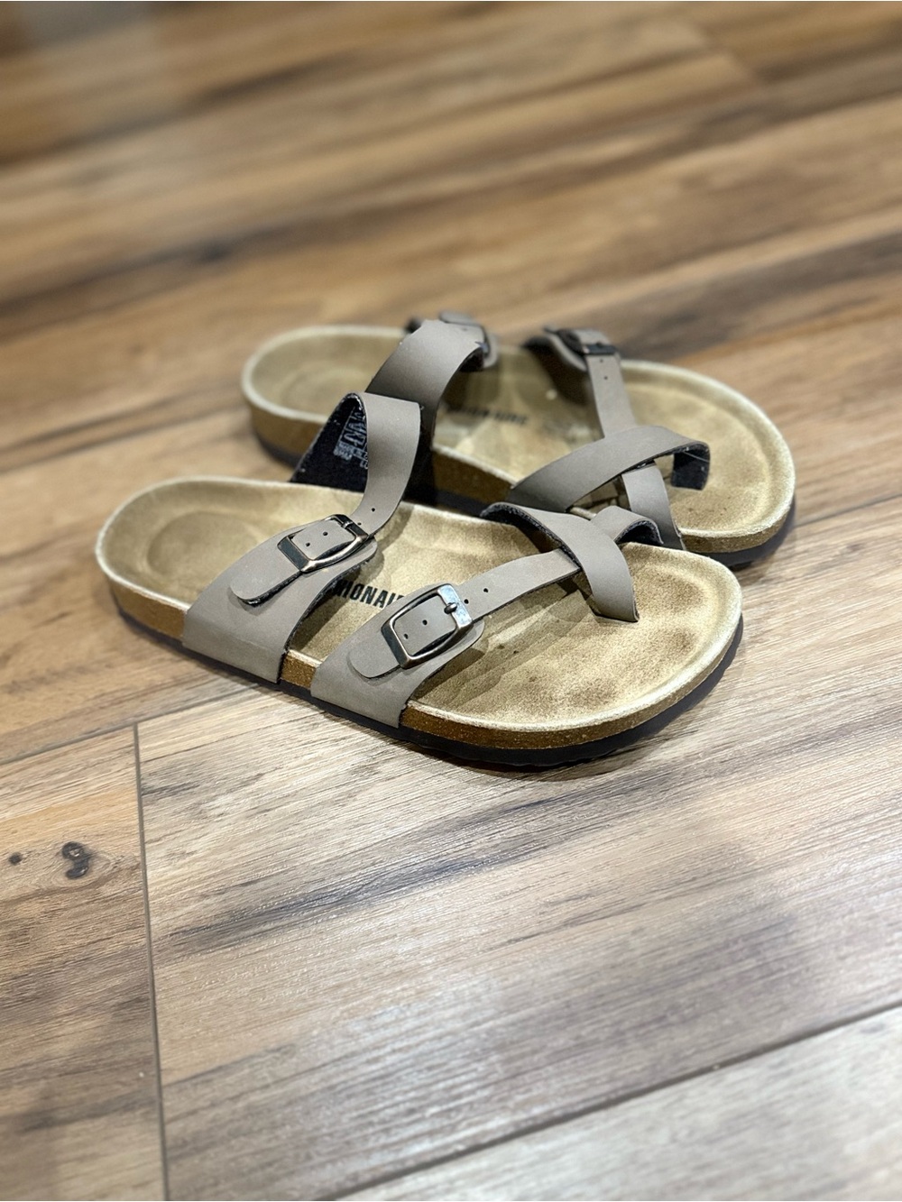 Women's Taupe Buckle Crossover Sandals
